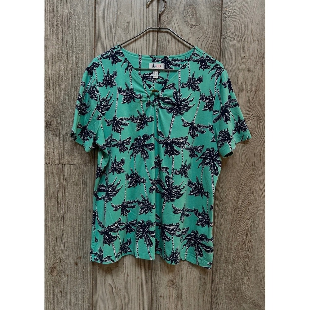 Denim & Co Women Large Teal Palm Tree Tropical Short Sleeve Keyhole V-Neck Top